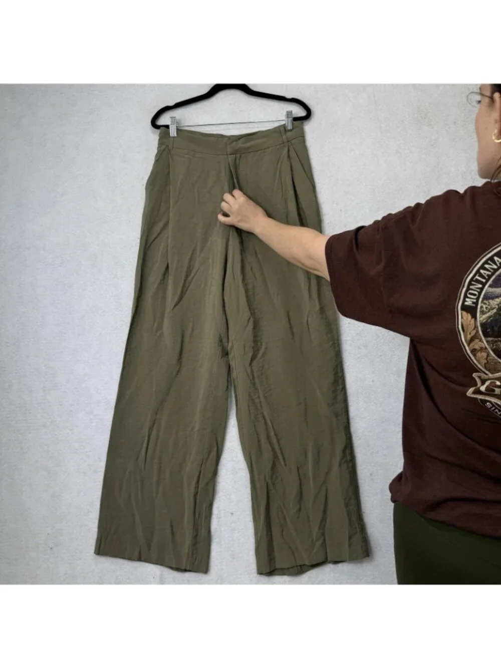 Zara Pants Womens Small Green Crepe Wide Leg Pleated Dress Pockets Work Office
